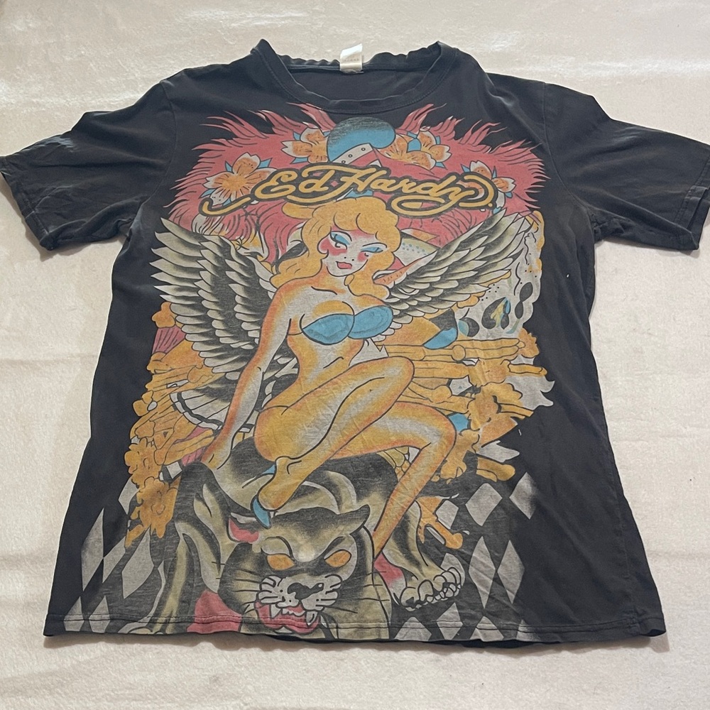 Ed Hardy Black Tee with Angel and Tiger Graphic